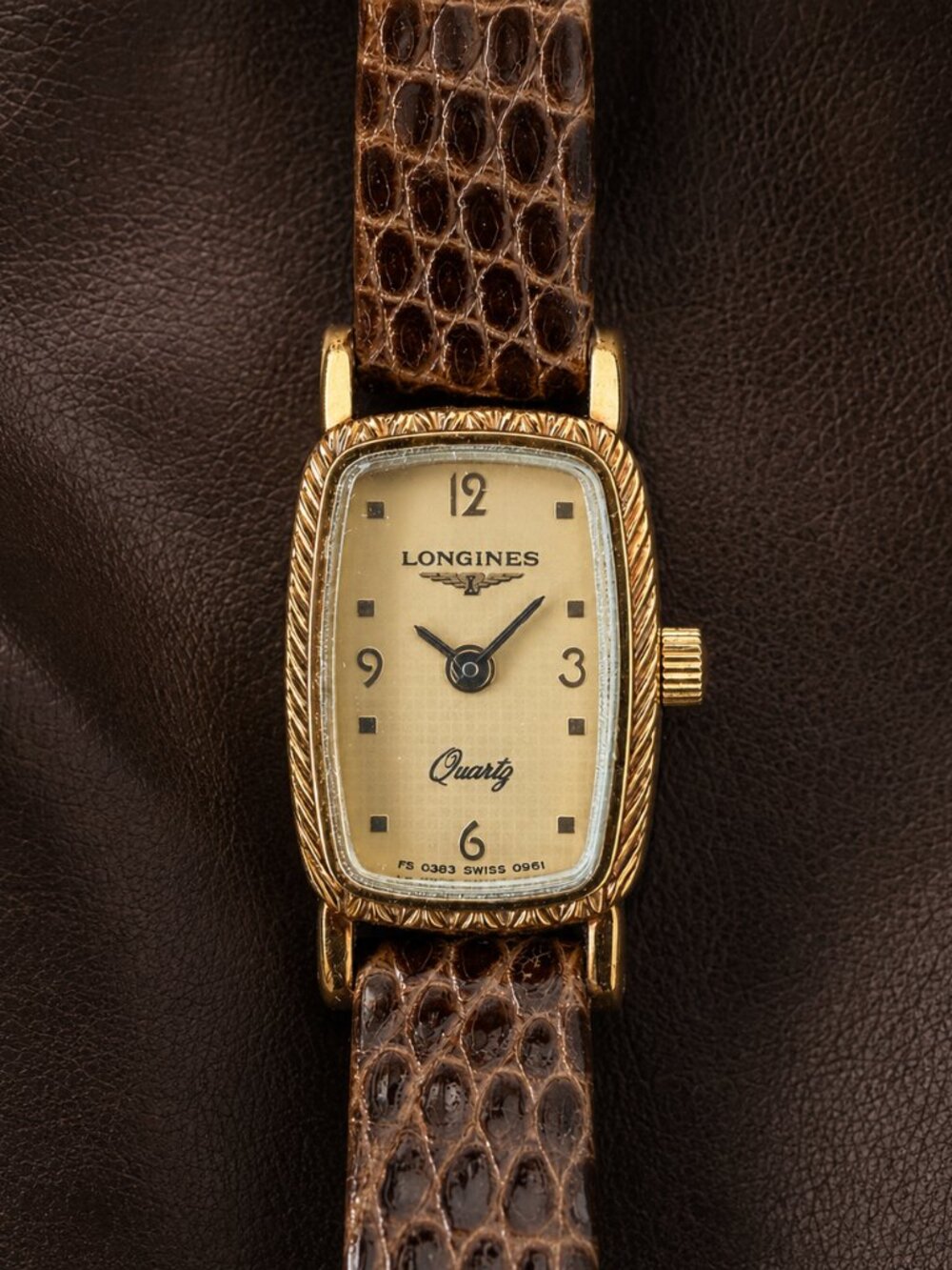 Longines Swiss Quartz Vintage Watch, gold rectangular case, brown lizard leather